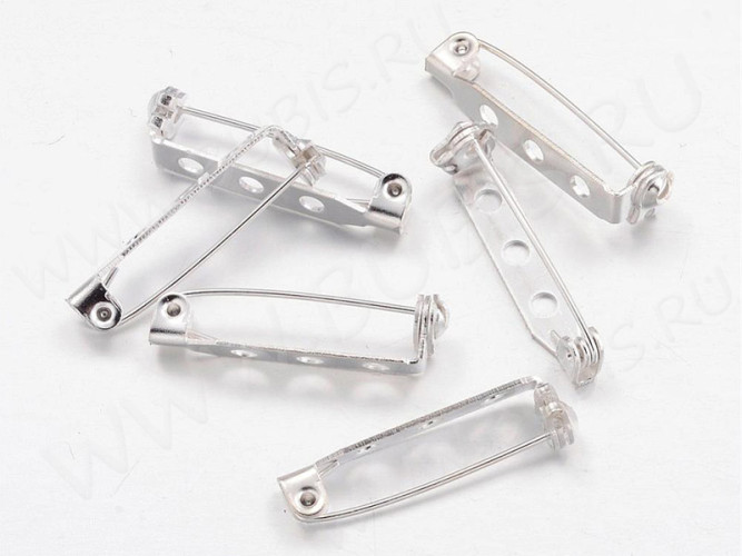 (ОПТ) Основа (заготовка) для броши №94 булавка 3 отверстия с замочком 25*7мм серебристая (Iron) (100шт)