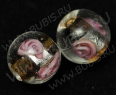 212 Бусина округлая с розочкой и серебром 12мм коричневая прозрачная (венецианское стекло)