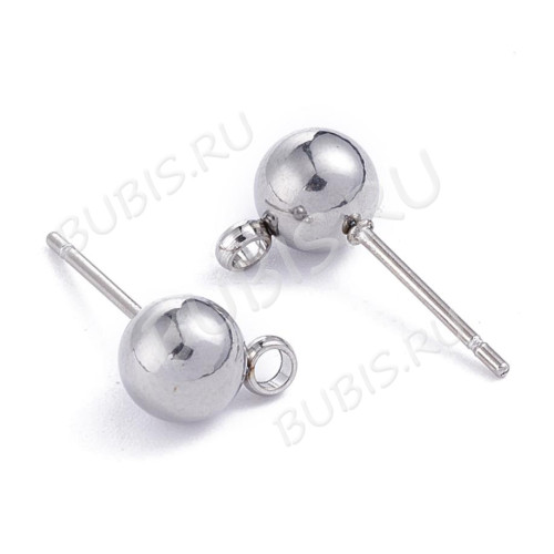Пуссеты ("гвоздики") №212 с шариком 6мм и петелькой 17*9*0,7мм цвет платины (Хирургическая сталь) (1 пара)