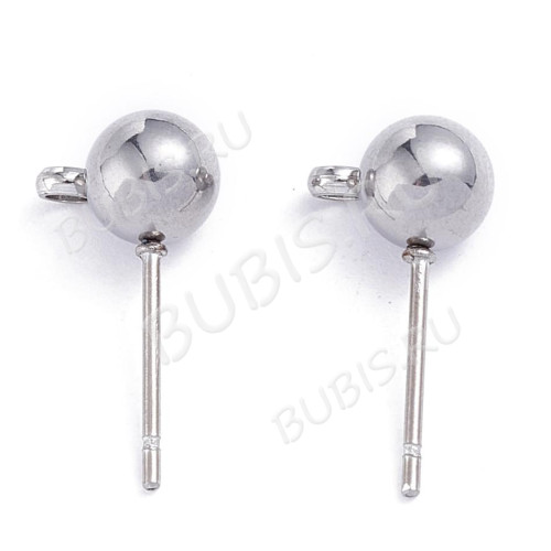 Пуссеты ("гвоздики") №212 с шариком 6мм и петелькой 17*9*0,7мм цвет платины (Хирургическая сталь) (1 пара)
