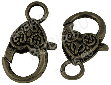 Замочек карабин №016 большой с сердечком 25,5*14*6,5мм античная бронза (литьё)