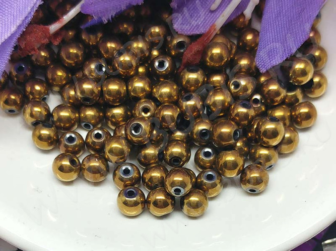 (ОПТ) Бусина округлая 4мм Гематит т.золотистый (камни) (НИТЬ)