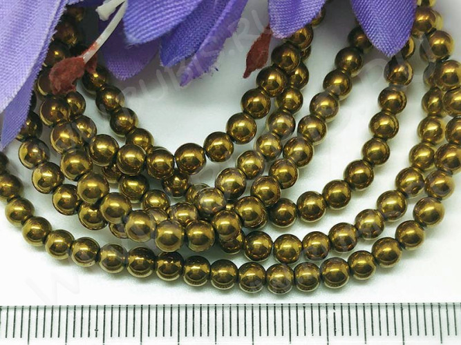 (ОПТ) Бусина округлая 4мм Гематит т.золотистый (камни) (НИТЬ)