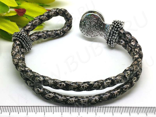 Основа (заготовка) для сменных кнопок 16 Браслет ЭКО кожа на одну кнопку 22см змеиный коричнево-серый (п/у кожа)