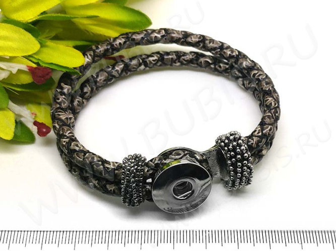 Основа (заготовка) для сменных кнопок 16 Браслет ЭКО кожа на одну кнопку 22см змеиный коричнево-серый (п/у кожа)