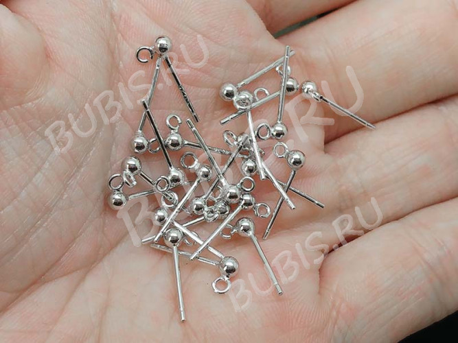 Пуссеты ("гвоздики") №152 серебро с пробой S925 с шариком 3мм и петелькой 13*5,5*0,8мм цвет платины (Sterling Silver) (1 пара)