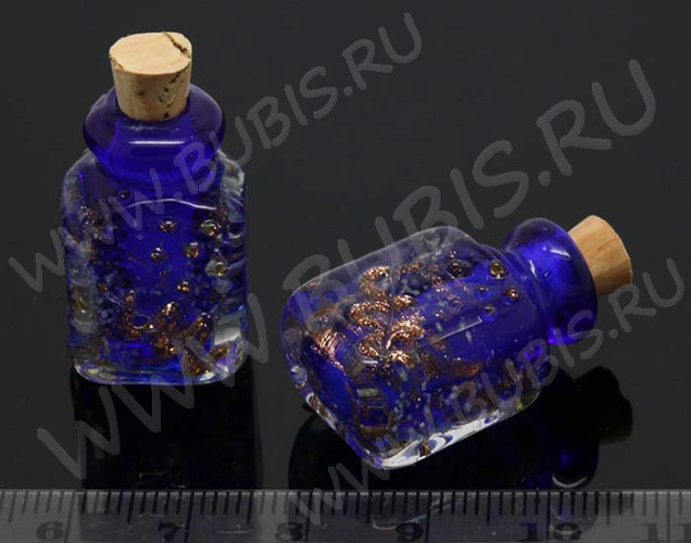 Бутылочка 19 с пробкой Флакончик со светонакопительным песком 0,5мл 29*16*13мм синяя (Lampwork)