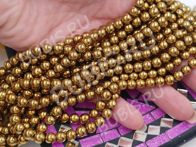 (СКИДКИ!!!) Бусина округлая 6мм Гематит т.золотистый (камни) (10шт.)