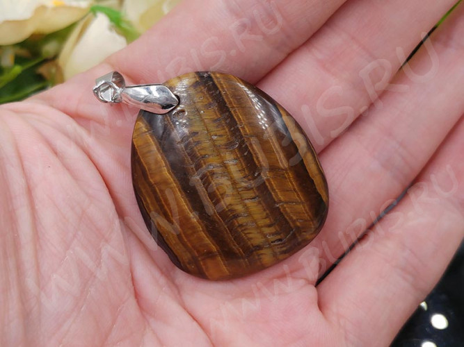 Кулон 1098 гладкий Овал-Капля 36*31*7,7мм Тигровый глаз натуральный (камни)