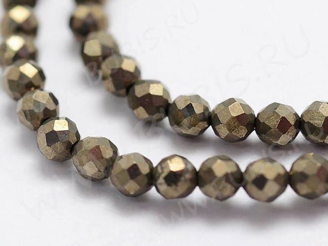 (ОПТ) Бусина округлая ГРАНЁНАЯ "каменный бисер" 2мм Пирит натуральный (камни LUX) (НИТЬ)