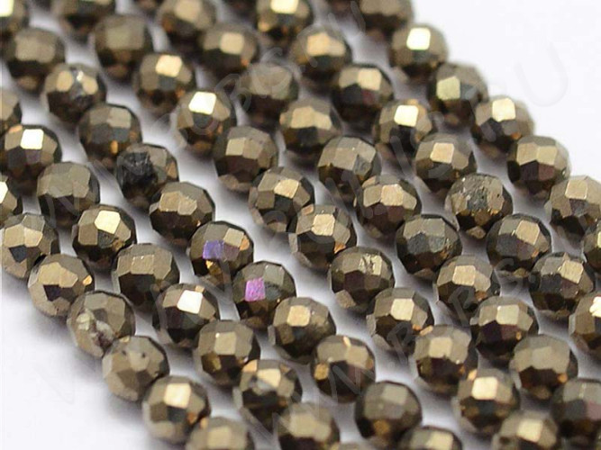 (ОПТ) Бусина округлая ГРАНЁНАЯ "каменный бисер" 2мм Пирит натуральный (камни LUX) (НИТЬ)