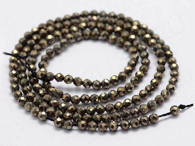 (ОПТ) Бусина округлая ГРАНЁНАЯ "каменный бисер" 2мм Пирит натуральный (камни LUX) (НИТЬ)