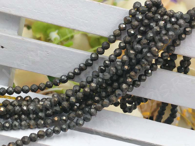 (ОПТ) Бусина округлая ГРАНЁНАЯ "каменный бисер" 2мм Пирит натуральный (камни LUX) (НИТЬ)