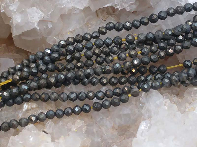 (ОПТ) Бусина округлая ГРАНЁНАЯ "каменный бисер" 2мм Пирит натуральный (камни LUX) (НИТЬ)