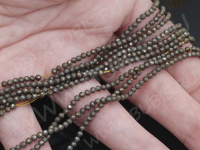 (ОПТ) Бусина округлая ГРАНЁНАЯ "каменный бисер" 2мм Пирит натуральный (камни LUX) (НИТЬ)
