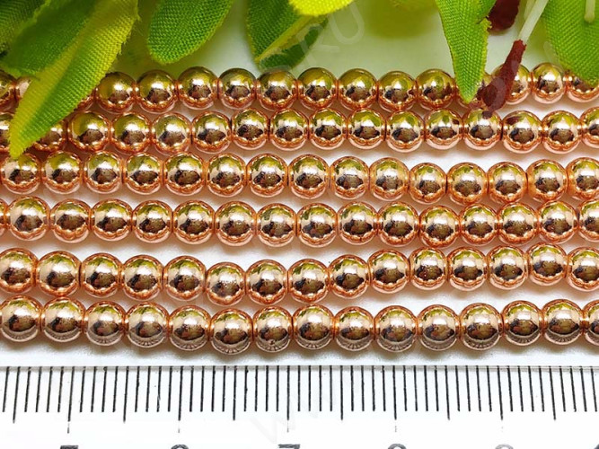 (ОПТ) Бусина округлая 4мм Гематит розовое золото (камни) (НИТЬ)