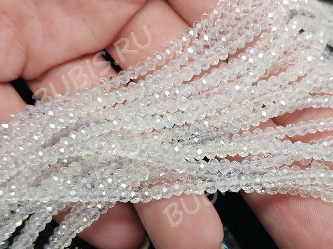 Бусина кристалл гранёный абакус 3*3*2мм чистый прозрачный с АВ (имитация Сваровски) (50шт.)