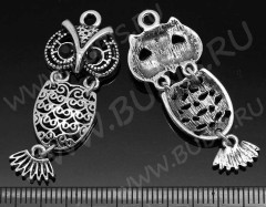 Подвеска Сова 31 подвижная со стразами 40*15,5*3,5мм античное серебро (литьё)