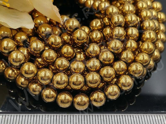 (ОПТ) Бусина округлая 6мм Гематит т.золотистый (камни) (НИТЬ)