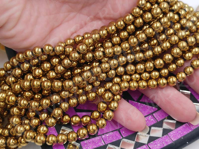 (ОПТ) Бусина округлая 6мм Гематит т.золотистый (камни) (НИТЬ)