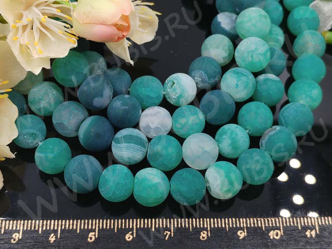 (ОПТ) Бусина округлая 10мм матовый Агат кракле бирюзовый полупрозрачный (камни) (НИТЬ)