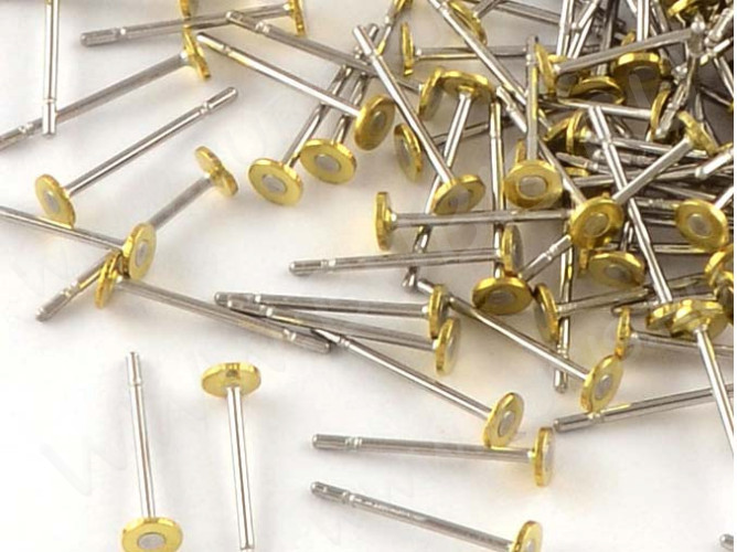 (СКИДКИ!!!) Пуссеты ("гвоздики") №158 (платформа 3мм) 12*0,65мм цвет платины и латунь (хирургическая сталь+Brass) (10 ПАР)