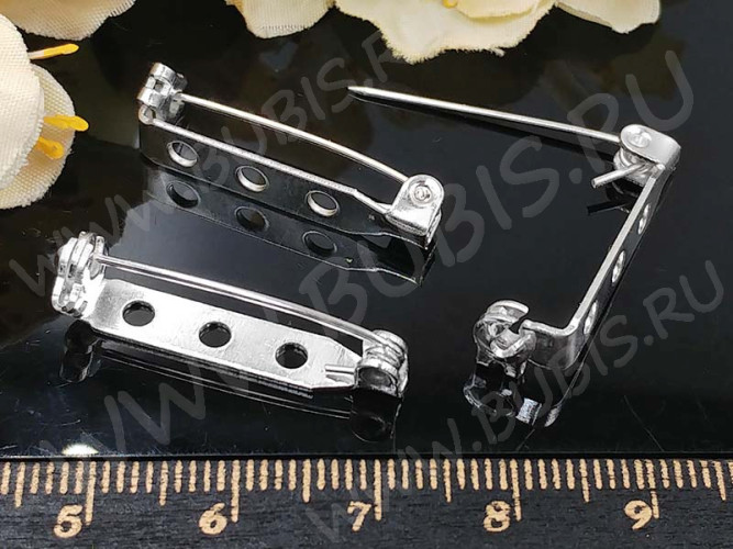 (СКИДКИ!!!) Основа (заготовка) для броши №94 булавка 3 отверстия с замочком 25*7мм серебристая (Iron) (10шт)