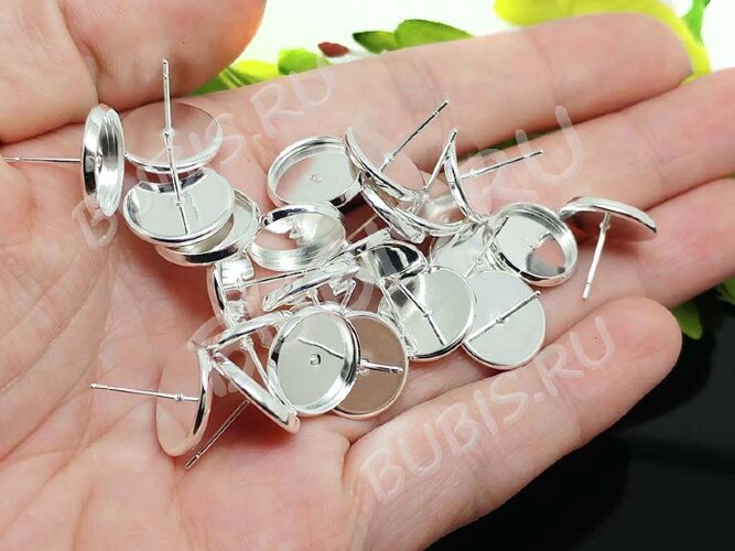 Пуссеты ("гвоздики") №097 (с круглым сеттингом 12мм) 13,5*13,5*0,7мм серебристые (Brass) (1 пара)