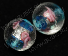 212 Бусина округлая с розочкой и серебром 12мм голубая прозрачная (венецианское стекло)