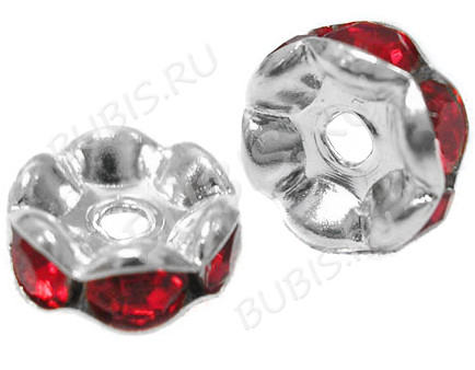 Рондель со стразами 10 6*6*2,8мм серебристо-красный (Brass и стекло)