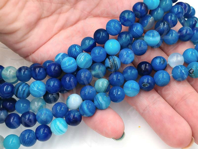 (ОПТ) Бусина округлая ГЛАДКАЯ 8мм Агат Мадагаскарский тёмно-голубо-молочный (камни) (НИТЬ)