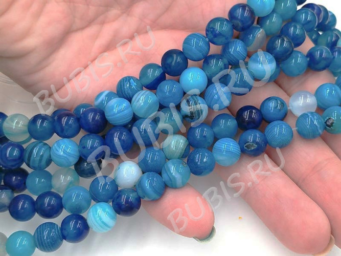 (ОПТ) Бусина округлая ГЛАДКАЯ 8мм Агат Мадагаскарский тёмно-голубо-молочный (камни) (НИТЬ)