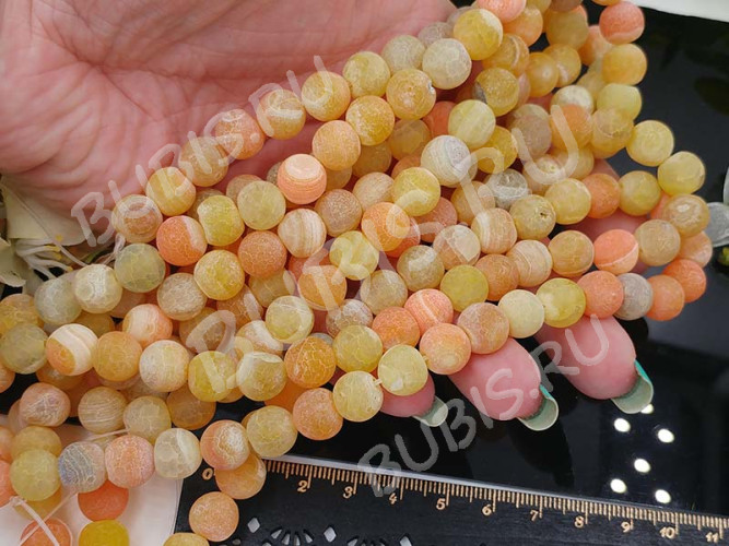 (ОПТ) Бусина округлая 10мм матовый Агат кракле жёлто-оранжевый полупрозрачный (камни) (НИТЬ)