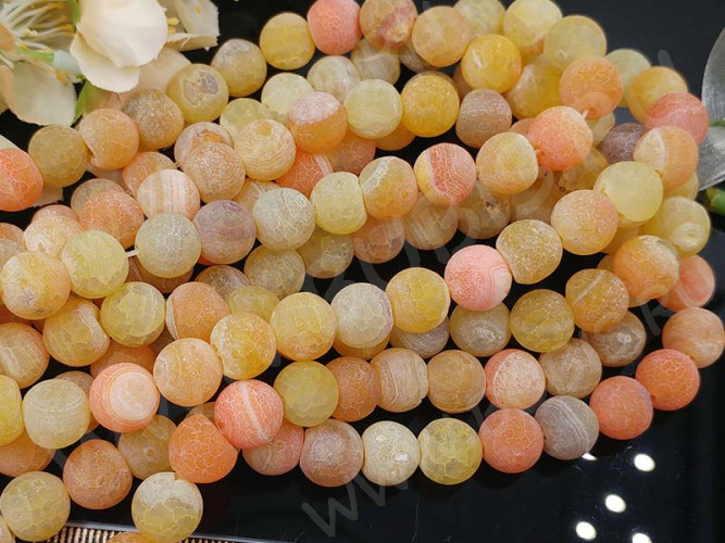 (ОПТ) Бусина округлая 10мм матовый Агат кракле жёлто-оранжевый полупрозрачный (камни) (НИТЬ)