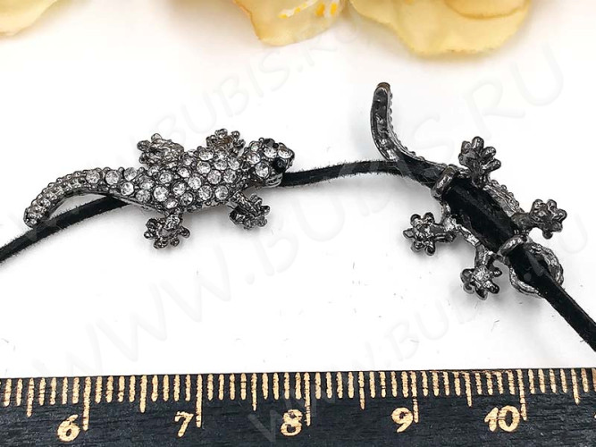 327 Коннектор вставка для Ящерица черная со стразами 27*13*6мм черный никель и прозрачные стразы (сплав и стекло)