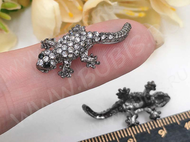 327 Коннектор вставка для Ящерица черная со стразами 27*13*6мм черный никель и прозрачные стразы (сплав и стекло)
