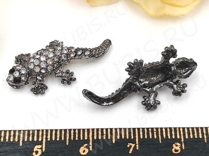 327 Коннектор вставка для Ящерица черная со стразами 27*13*6мм черный никель и прозрачные стразы (сплав и стекло)
