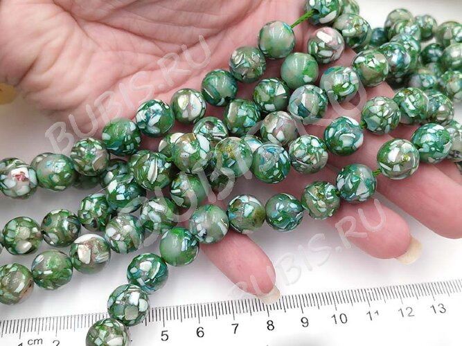 (ОПТ) Бусина округлая Мозаика 07 с перламутром 12мм зелёная (камни) (НИТЬ)