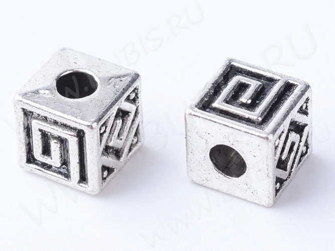Бусина 204 Кубик с рисунками 5,5*5,5*5,5мм античное серебро (литьё) (10шт.)