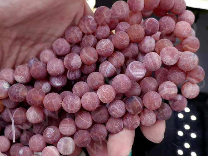 (ОПТ) Бусина округлая 10мм матовый Агат кракле бл.брусничный полупрозрачный (камни) (НИТЬ)