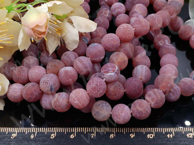 (ОПТ) Бусина округлая 10мм матовый Агат кракле бл.брусничный полупрозрачный (камни) (НИТЬ)