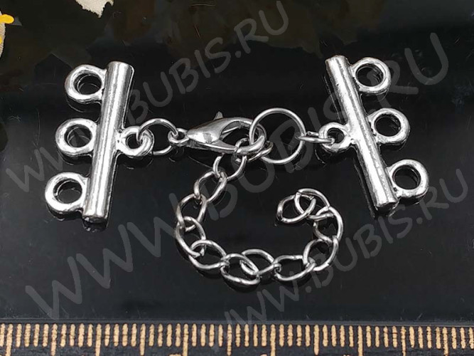 Замочек карабин №077 с коннекторами на 3 нити 43*21мм и удлиняющей цепочкой античное серебро и цвет платины (сплав и Iron)