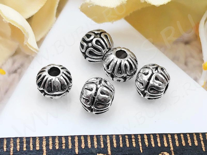 Бусина 205 округлая с узорами 6*5,2мм античное серебро (литьё) (10шт.)