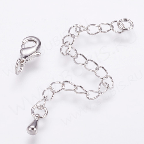 Замочек карабин №107 9*6*3,5мм с удлинительной цепочкой 50мм и капелькой цвет платины (Brass)