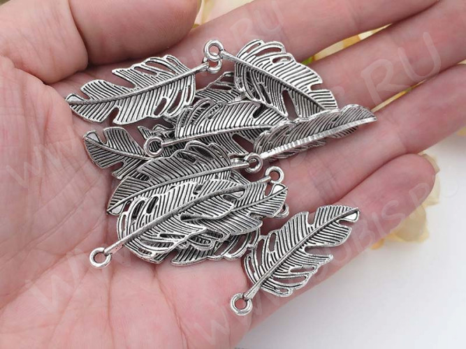 Подвеска Пёрышко 20 среднее 40*15,5*3мм античное серебро (литьё)
