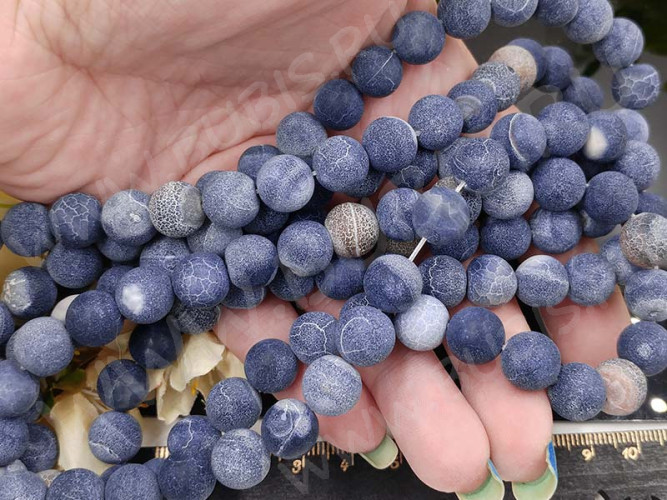 (ОПТ) Бусина округлая 10мм матовый Агат кракле синий полупрозрачный (камни) (НИТЬ)