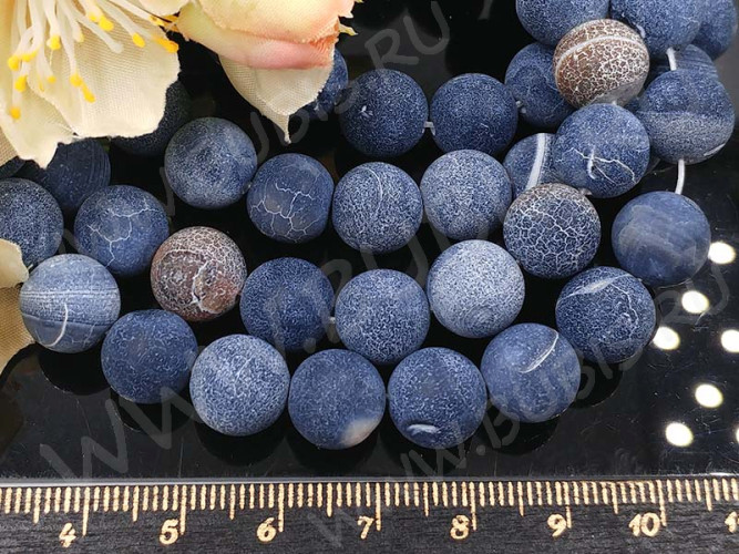 (ОПТ) Бусина округлая 10мм матовый Агат кракле синий полупрозрачный (камни) (НИТЬ)