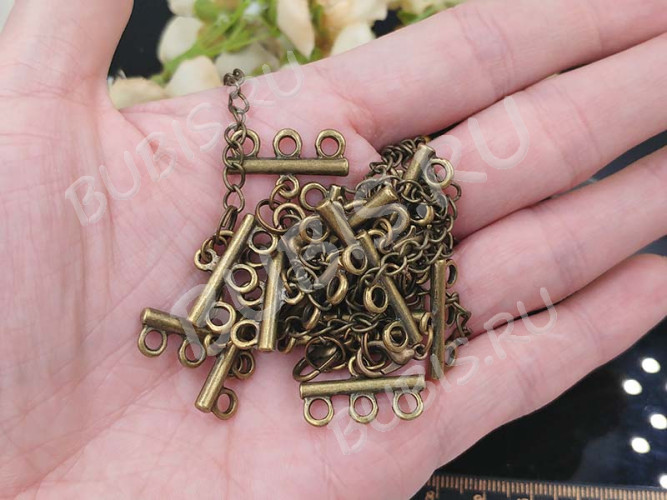 Замочек карабин №077 с коннекторами на 3 нити 43*21мм и удлиняющей цепочкой античная бронза (сплав и Iron)