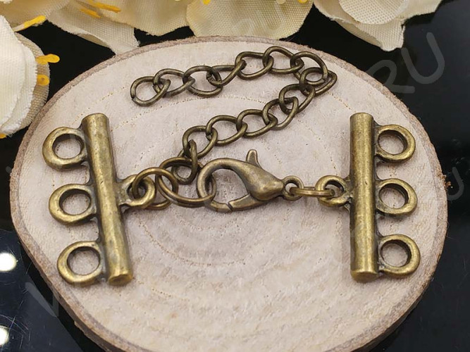 Замочек карабин №077 с коннекторами на 3 нити 43*21мм и удлиняющей цепочкой античная бронза (сплав и Iron)