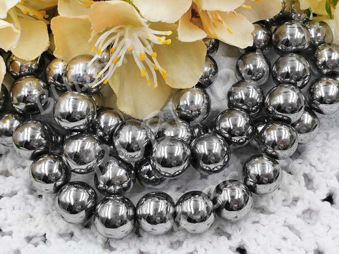 (ОПТ) Бусина округлая 10мм Гематит т.серебристый (камни) (НИТЬ)